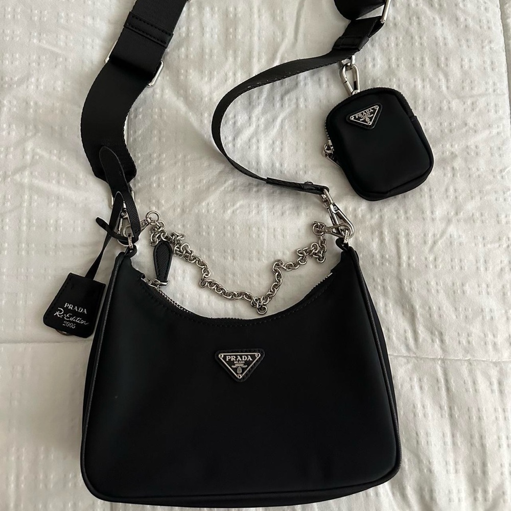 Prada Black Nylon Shoulder Bag with Chain